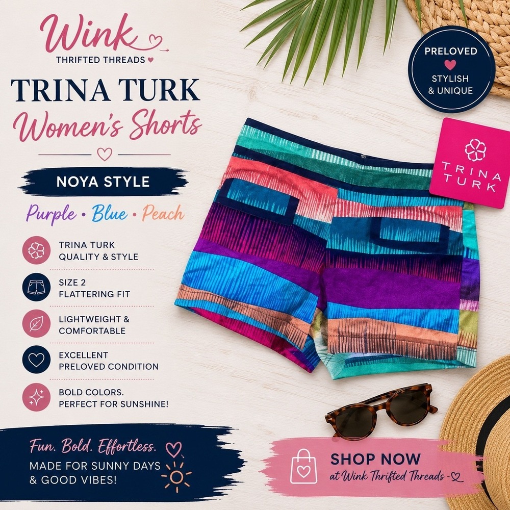 Trina Turk Noya Shorts Purple Blue Peach Abstract Stripe Size 2 Low Rise Summer